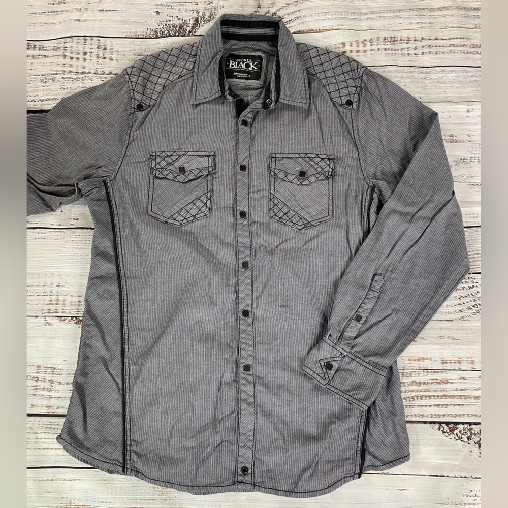 Buckle Black BKE No 48 Shirt Men’s Large Standard Fit Black Gray Snap Buttons